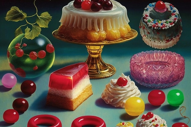 Peinture d'un gâteau aux cerises et sur table ai générative