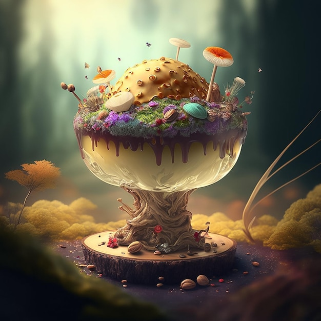 Une peinture d'un gâteau avec un champignon sur le dessus