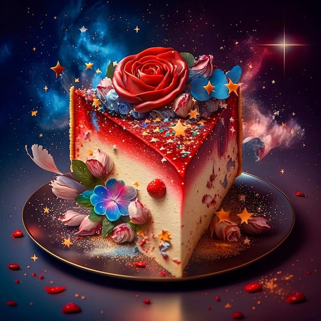 Une peinture d'un gâteau avec une rose dessus