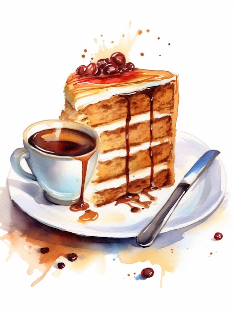 Une peinture d'un gâteau et d'une tasse de café