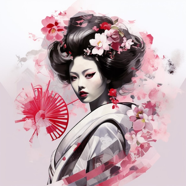 Photo peinture d'une geisha avec un éventail et des fleurs