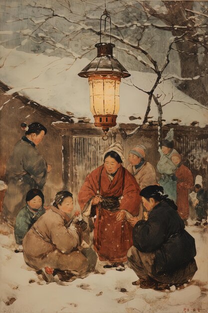 Photo une peinture de gens devant une lanterne qui dit les gens