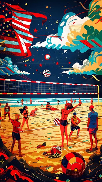 une peinture de gens jouant au volley-ball sur une plage