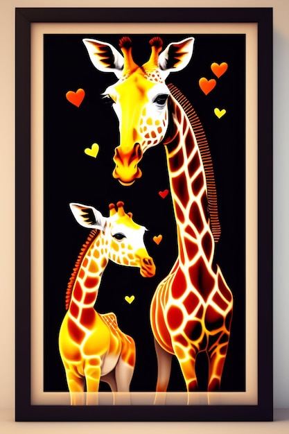 Une peinture d'une girafe et d'un bébé girafe.