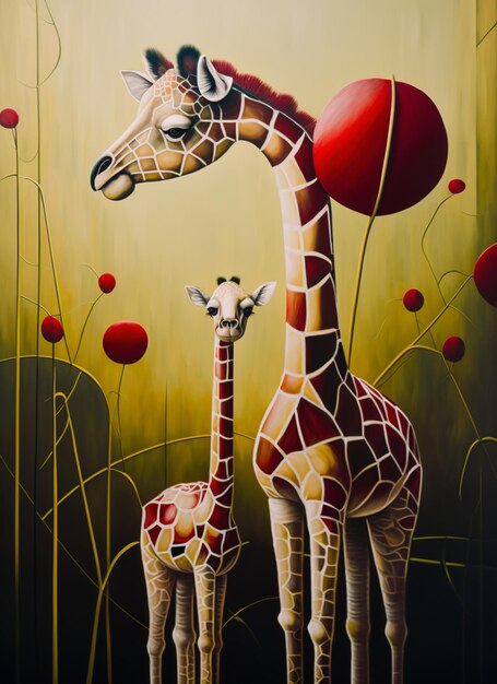 Photo une peinture d'une girafe et d'un bébé