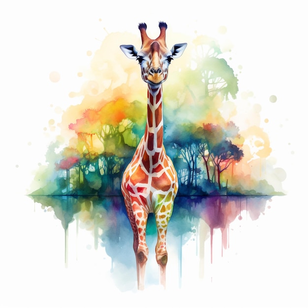 Une peinture d'une girafe avec un fond coloré.