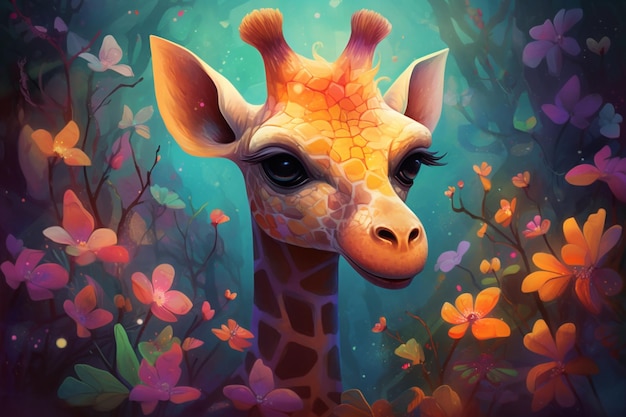 Une peinture d'une girafe avec un visage jaune et des cils noirs.