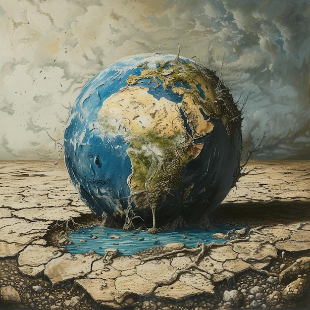 une peinture d'un globe au milieu du désert