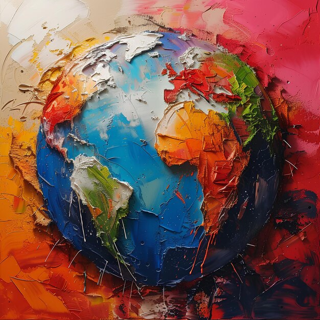 Une peinture d'un globe sur un fond rouge