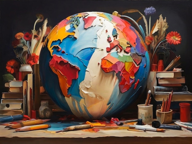 une peinture d'un globe avec un monde coloré dessus