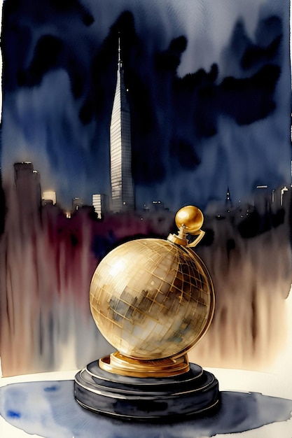 Une peinture d'un globe avec une ville en arrière-plan