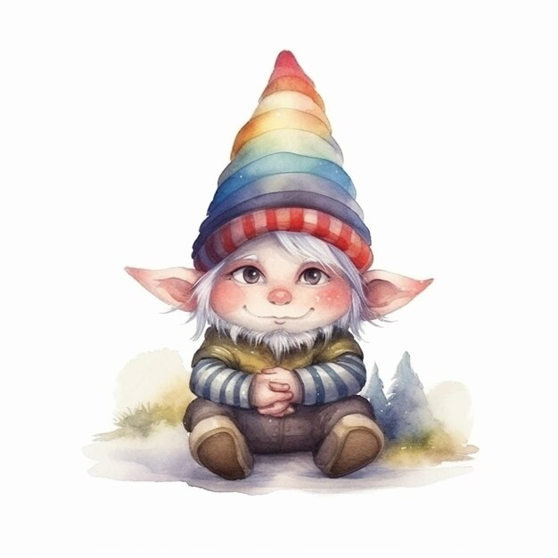 Peinture d'un gnome avec un chapeau arc-en-ciel assis sur le sol ai générative