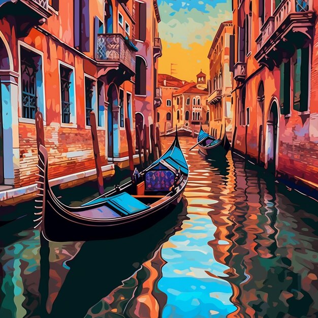 Photo peinture d'une gondole dans un canal avec des bâtiments et un bateau génératif ai