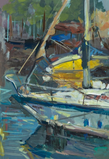 Peinture à la gouache de port de yachts. Les bateaux sont dans le gros plan du port. Fait à la main d'origine.