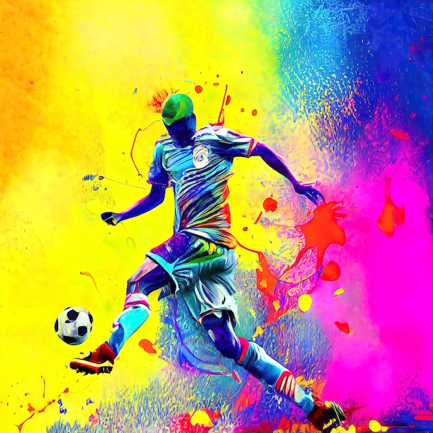 Peinture graffiti abstraite éclaboussé éclaboussé de l'ombre de l'homme jouant au football avec une énergie colorée
