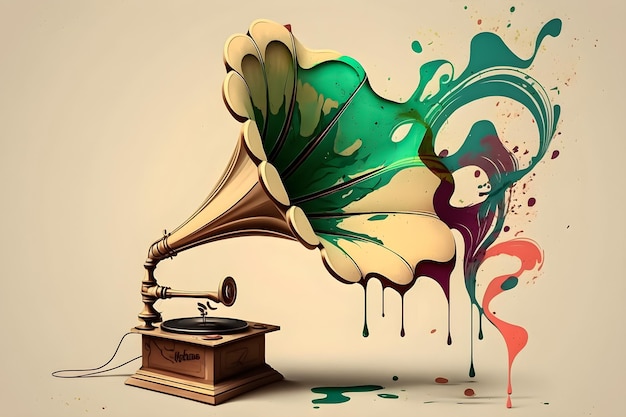 Une peinture d'un gramophone avec le mot "beat" sur le devant.