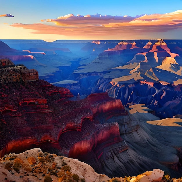 Une peinture d'un grand canyon avec un ciel bleu et des nuages.