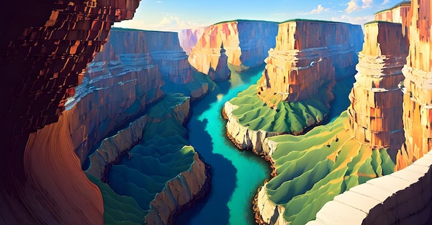 Une peinture d'un grand canyon avec une rivière bleue au milieu.