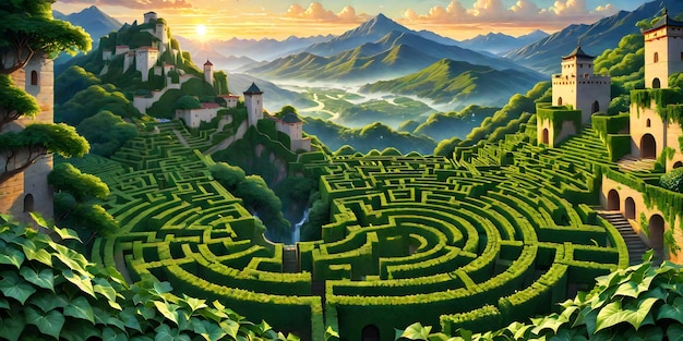 Une peinture d'un grand et magnifique labyrinthe sur fond de montagne et de soleil du soir