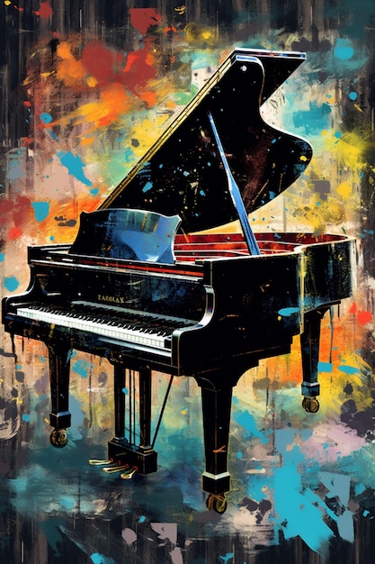 Photo peinture d'un grand piano avec un boîtier bleu et un boîter noir génératif ai