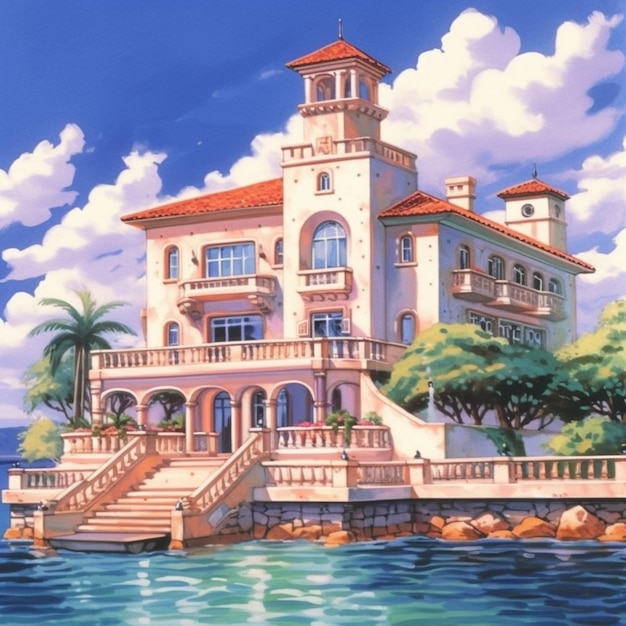 Peinture d'une grande maison sur une petite île avec un escalier menant à elle