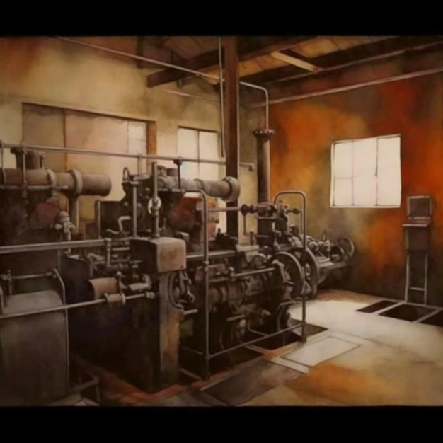Peinture d'une grande salle de machines industrielles avec beaucoup de tuyaux génératifs ai