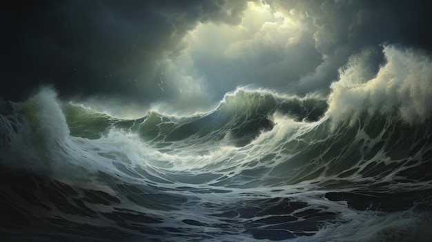 Une peinture d'une grande vague dans l'océan
