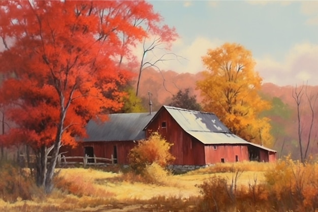 Une peinture d'une grange rouge à l'automne