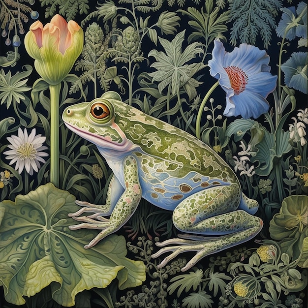 peinture d'une grenouille assise dans un jardin avec des fleurs et des plantes génératives ai.