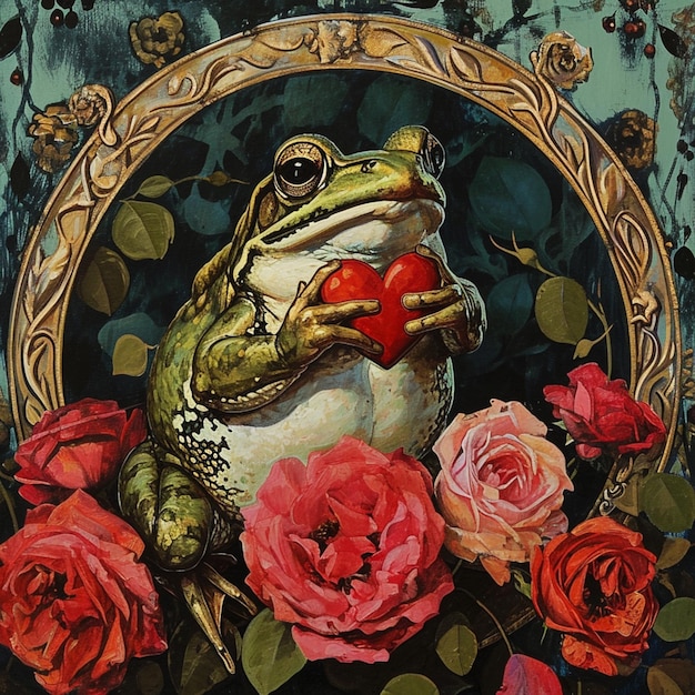 peinture d'une grenouille tenant un cœur devant un miroir