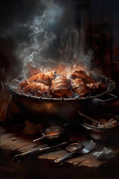 Une peinture d'un gril avec une image enfumée d'un poulet dessus.