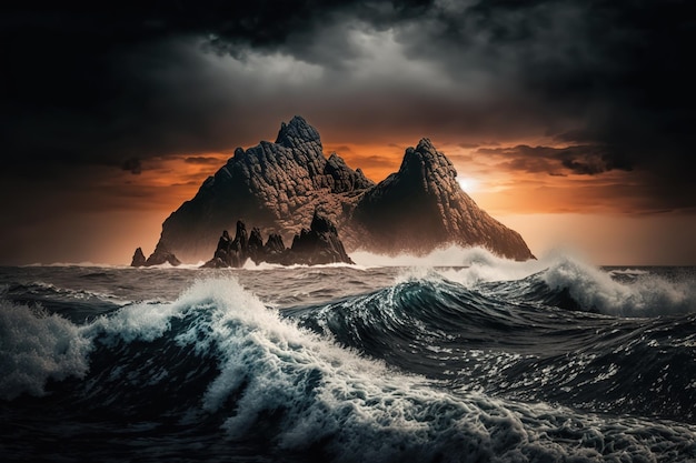 Une peinture d'un gros rocher dans l'océan avec le coucher de soleil derrière lui.