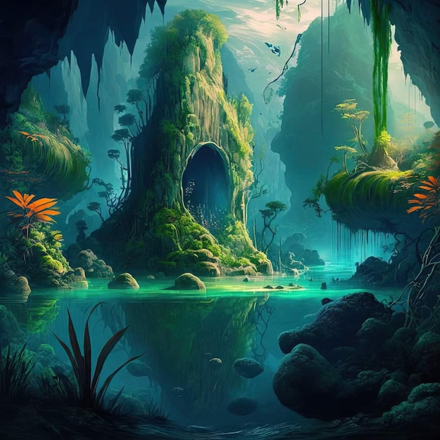 Une peinture d'une grotte avec une grotte et un arbre vert au fond.