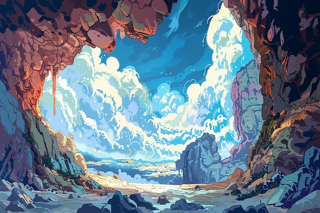 une peinture d'une grotte avec un océan bleu et une grande formation rocheuse