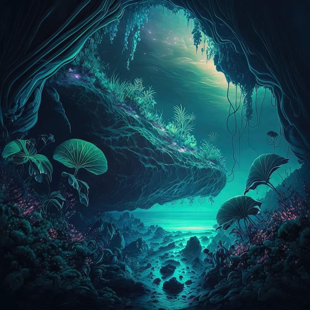 Une peinture d'une grotte avec une plante et des poissons nageant autour.