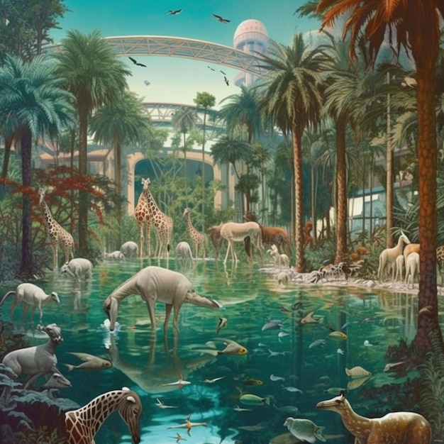Peinture d'un groupe d'animaux dans un cadre tropical avec un pont génératif ai