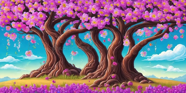 Une peinture d'un groupe d'arbres avec des fleurs violettes et un ciel bleu.