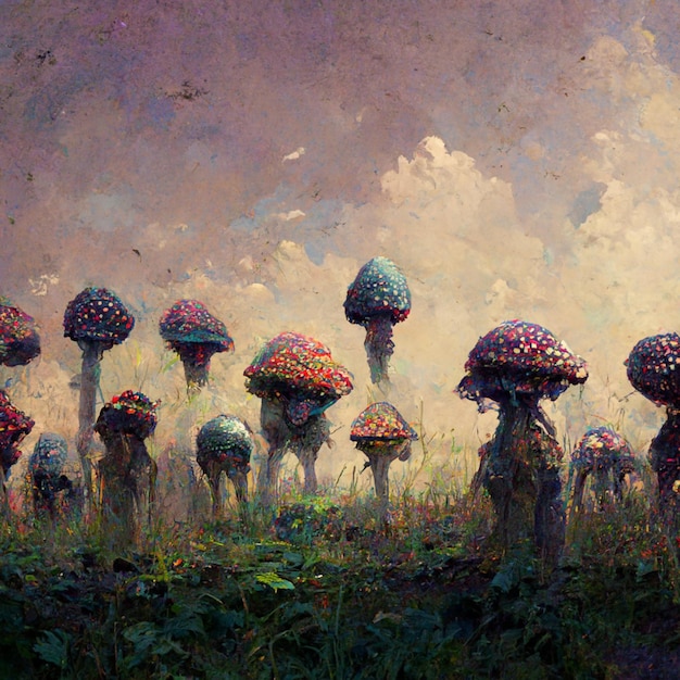 Peinture d'un groupe de champignons dans un champ avec un fond de ciel ai génératif