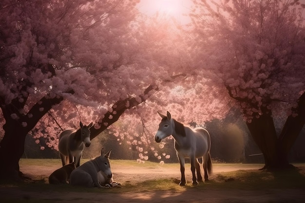 Photo une peinture d'un groupe de chevaux sous un arbre rose.