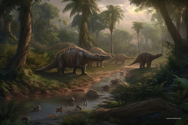 Une peinture d'un groupe de dinosaures dans une jungle.