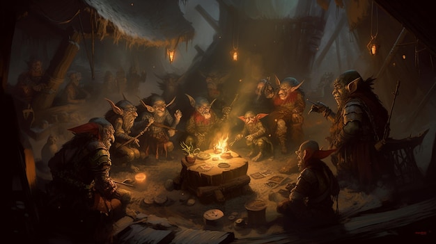 Une peinture d'un groupe d'elfes autour d'un feu de camp.