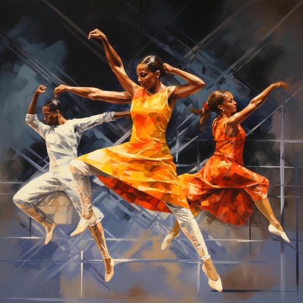 une peinture d'un groupe de femmes dansant dans des robes orange.
