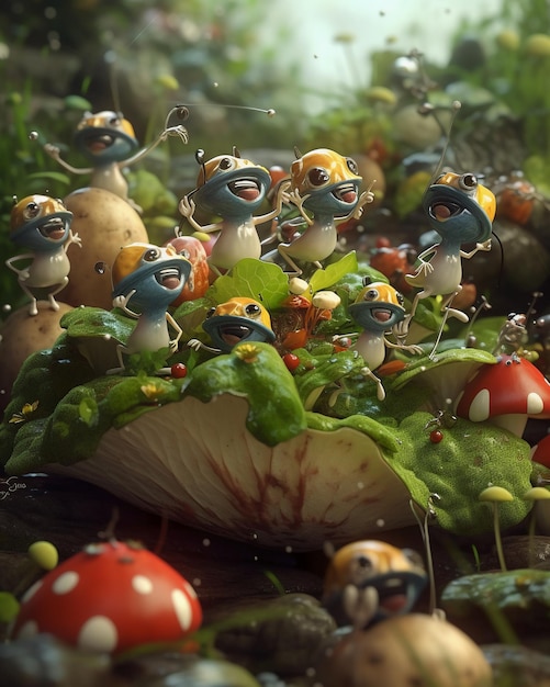 Une peinture d'un groupe de grenouilles avec des champignons sur le dessus.