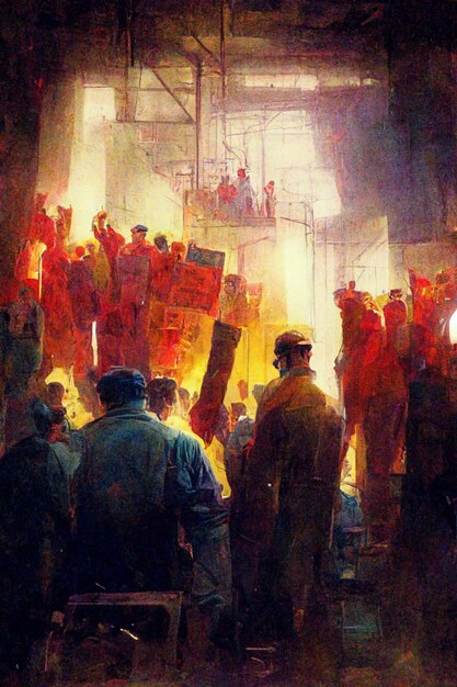 Photo peinture d'un groupe d'hommes debout dans une usine avec un générateur de feu ai