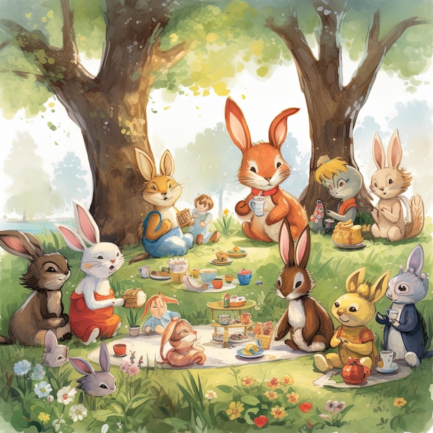 Une peinture d'un groupe de lapins ayant un pique-nique dans le parc.