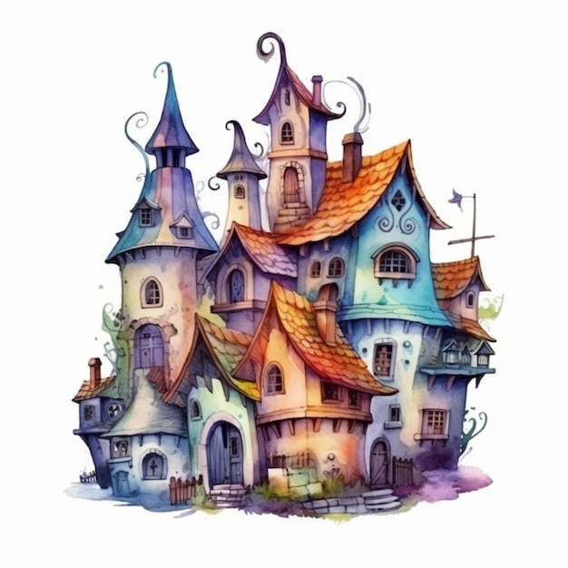 une peinture d'un groupe de maisons avec une tour d'horloge générative ai