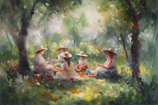 Une peinture d'un groupe de personnes assises dans une forêt