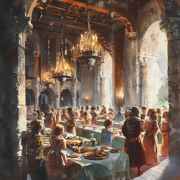 Photo une peinture d'un groupe de personnes dans un restaurant avec une nappe sur elle