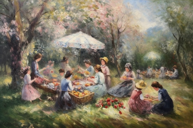 Une peinture d'un groupe de personnes mangeant des fruits et légumes.
