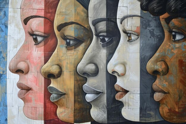 Une peinture d'un groupe de visages de femmes peints sur un mur